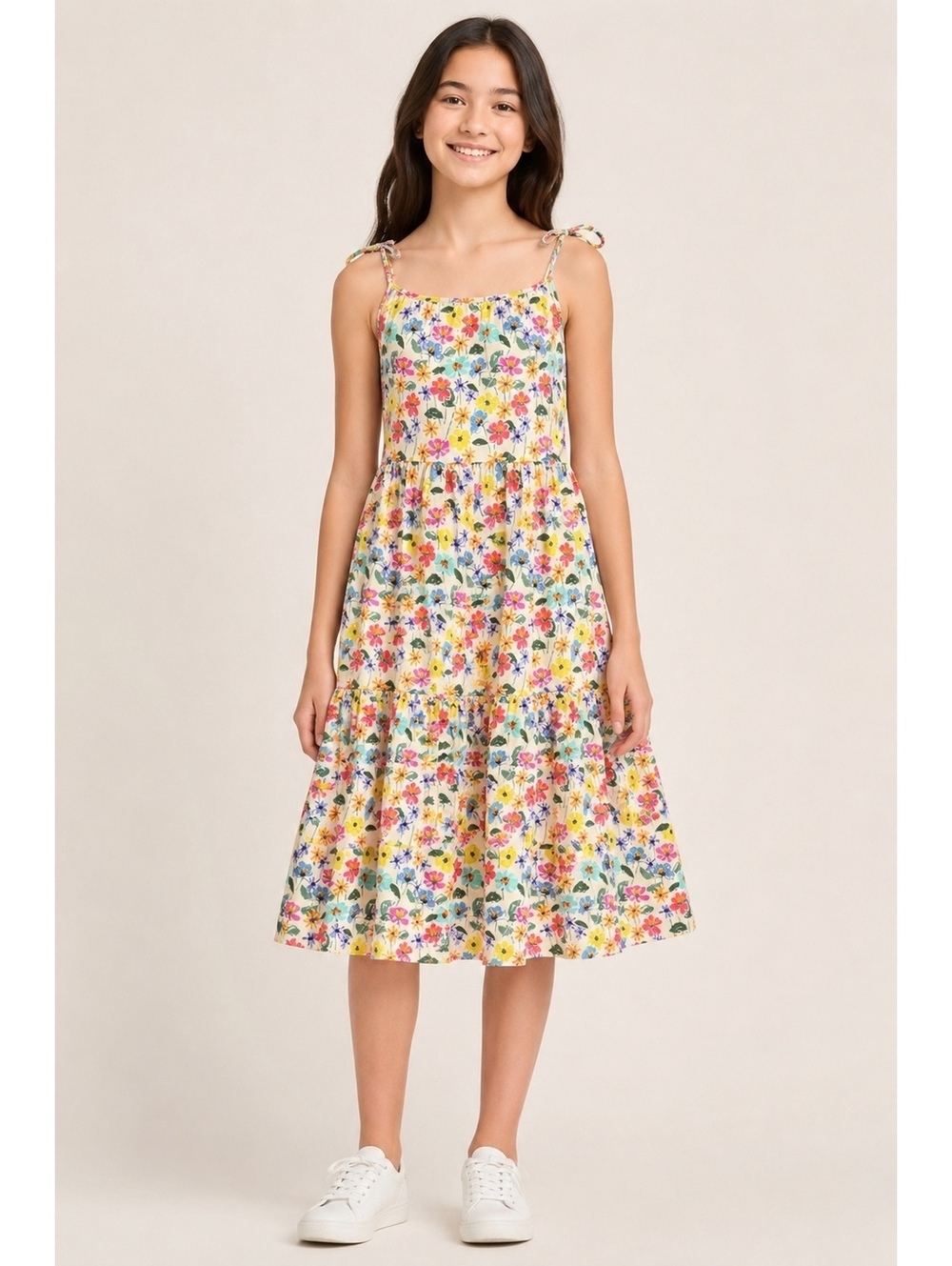 Tea Collection Girls Size 14 Floral Tiered Cotton Dress Tie Straps Boho